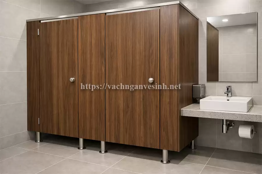 Vách ngăn vệ sinh Compact HPL vân gỗ walnut sậm
