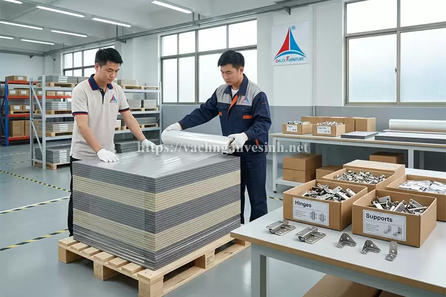 Gia công và đóng gói vách ngăn vệ sinh Compact HPL trước khi vận chuyển