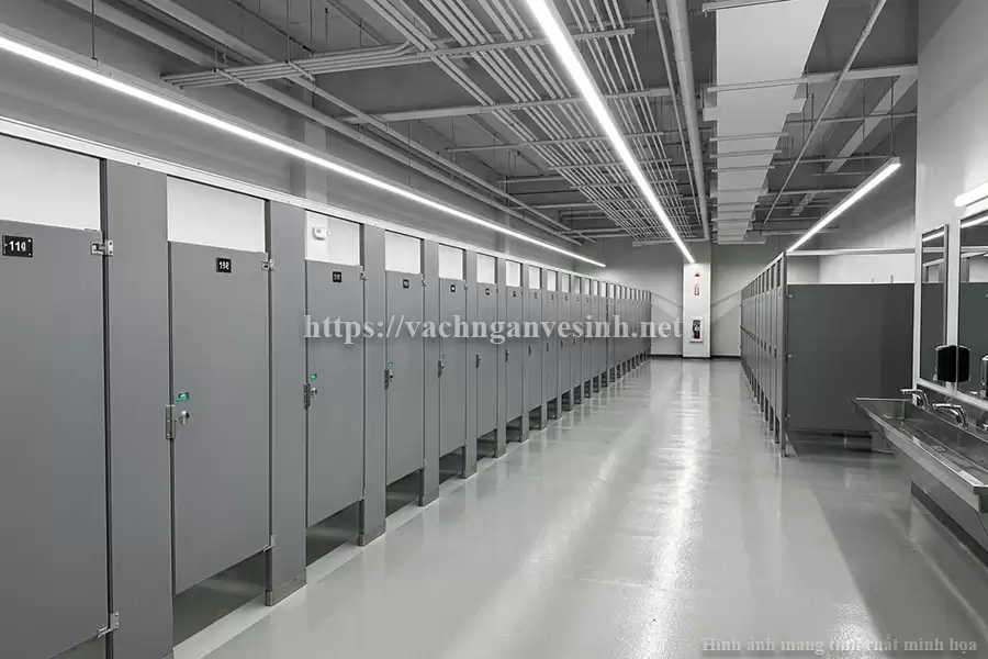 Ứng dụng thực tế của vách ngăn vệ sinh compact màu ghi trong công trình